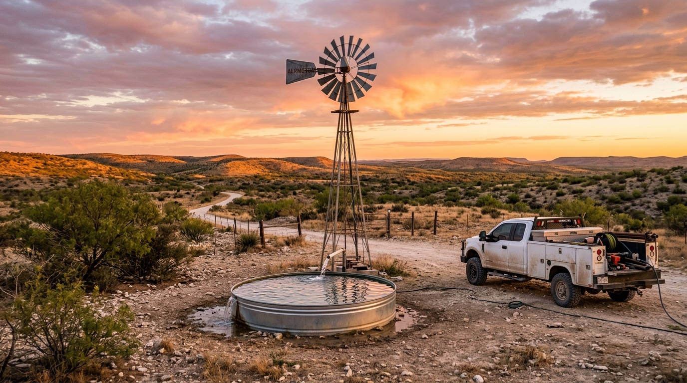 Scenic West Texas ranch water well with Aermotor windmill, livestock stock tank, and service truck near Del Rio